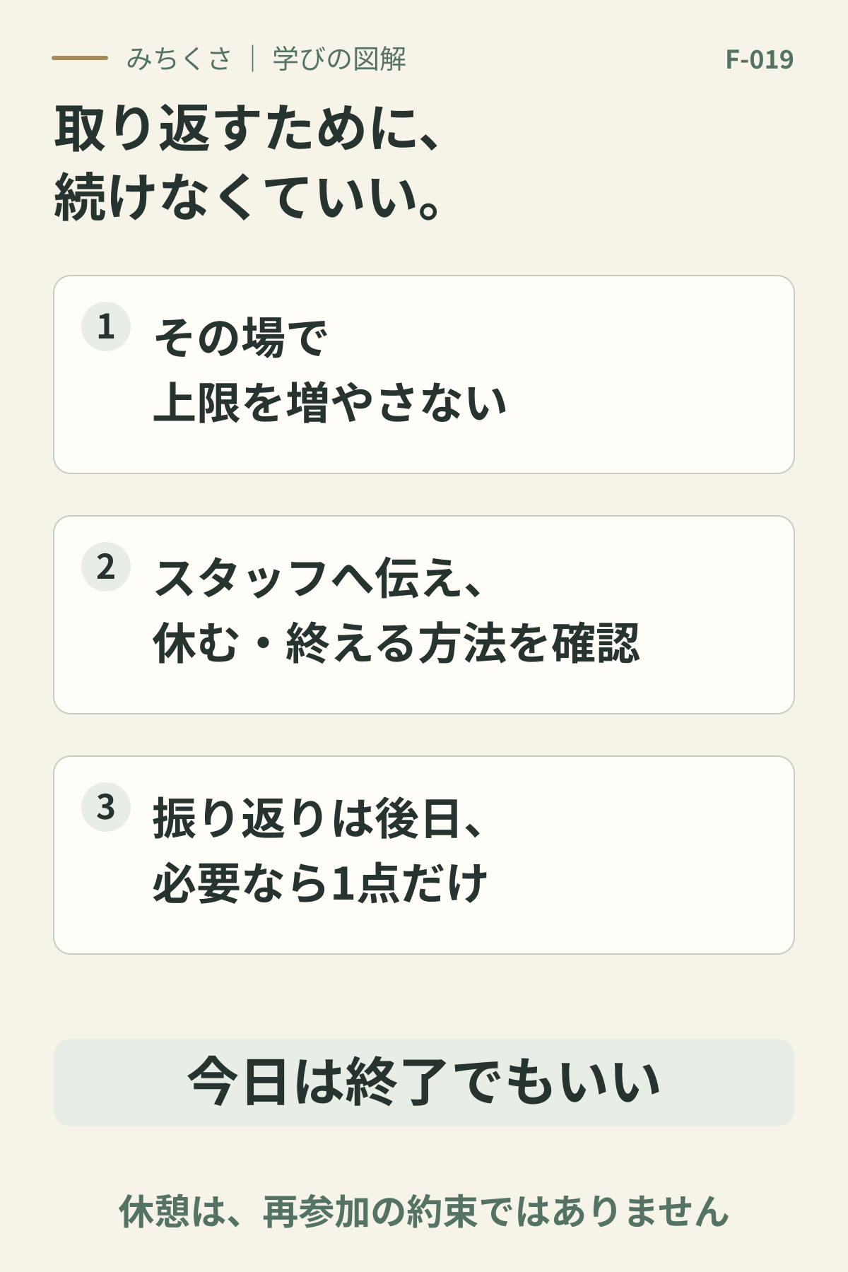 時間や費用の上限をその場で増やさず、スタッフに休むか終える方法を確認する。振り返りは後日、必要なら1点だけ。今日は終了でもよく、休憩は再参加の約束ではない。
