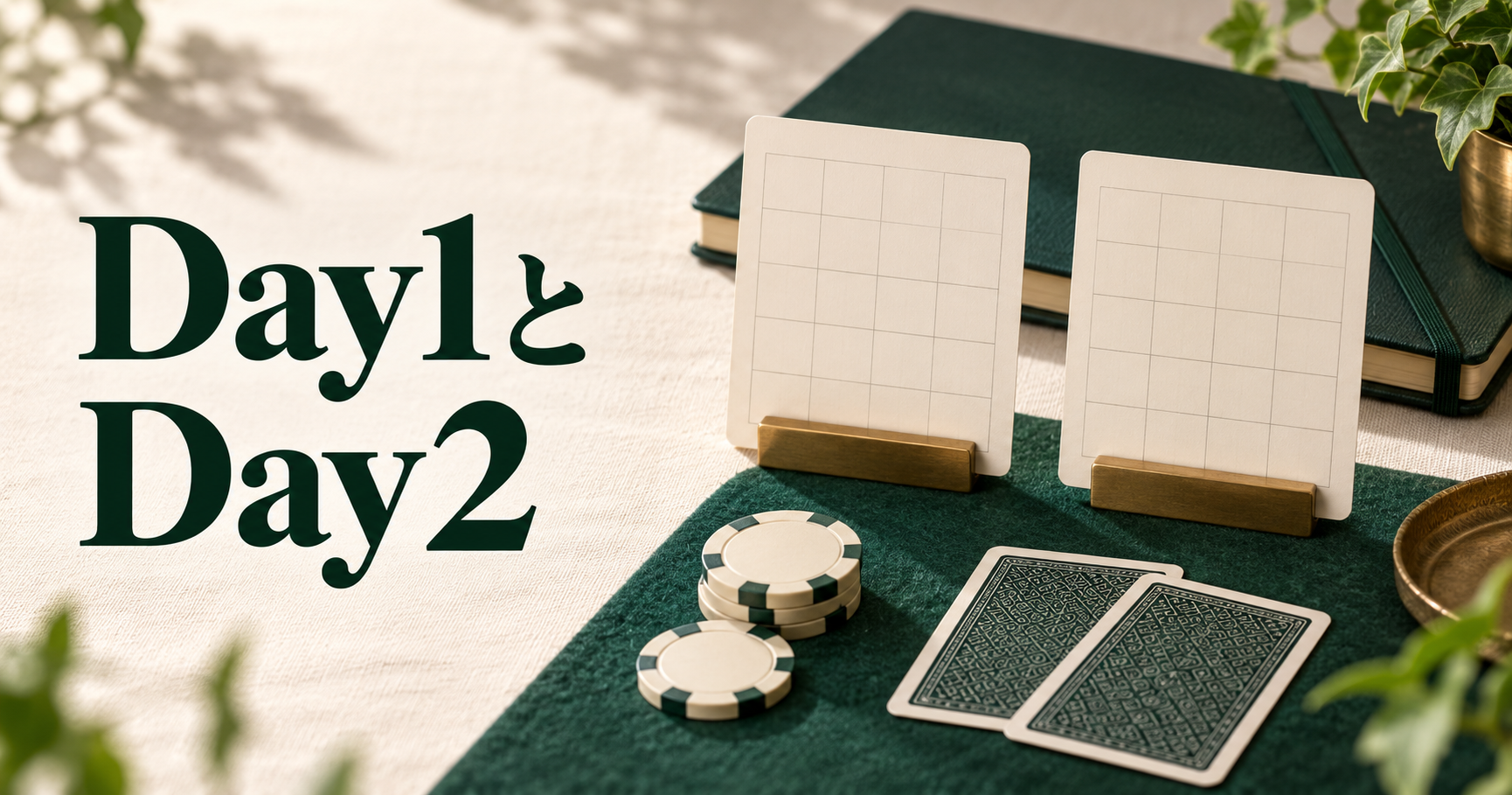 Day1とDay2。2枚の空欄の予定カードとノートを並べた、日をまたぐ大会準備のイメージ。