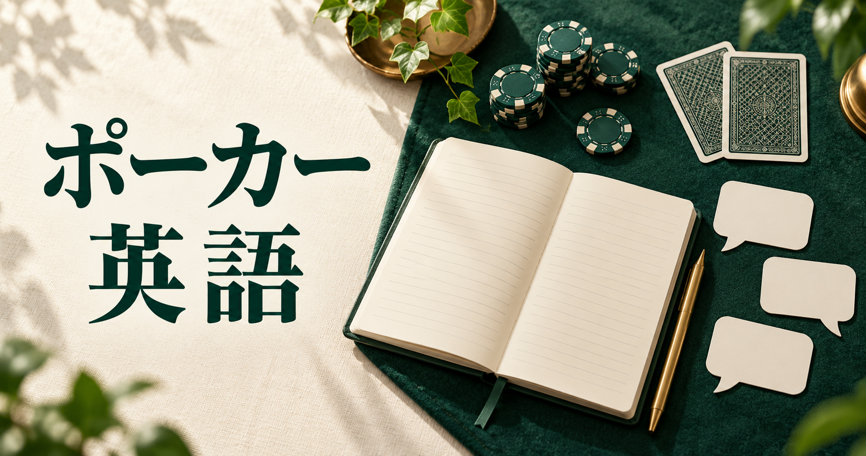 ポーカー英語。空欄の吹き出し形カードと学習ノートを配した、会話練習のイメージ。