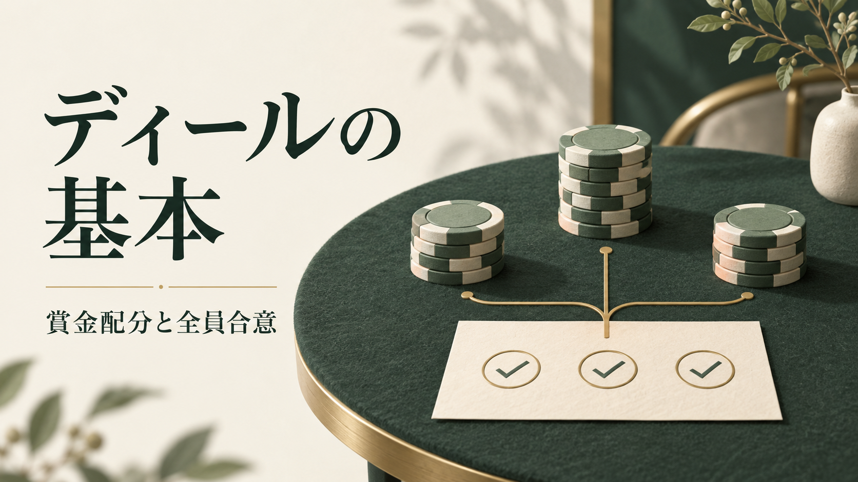 深緑のテーブル上の3つのチップスタックと、全員合意を表す3つのチェックマーク。トーナメントのディールを解説するアイキャッチ。