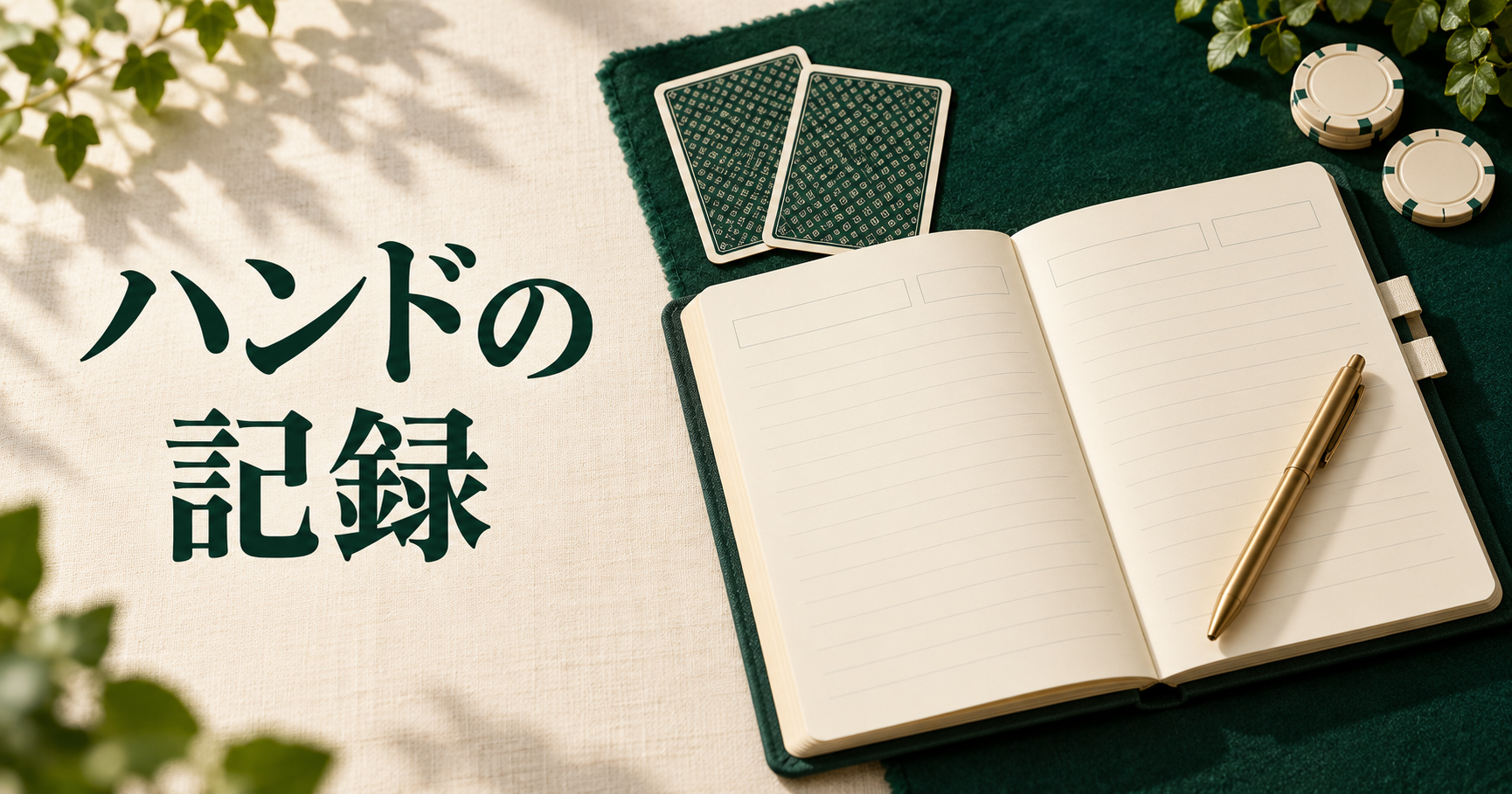 ハンドの記録。空欄のノートとペン、裏向きのカードを配した振り返りのイメージ。