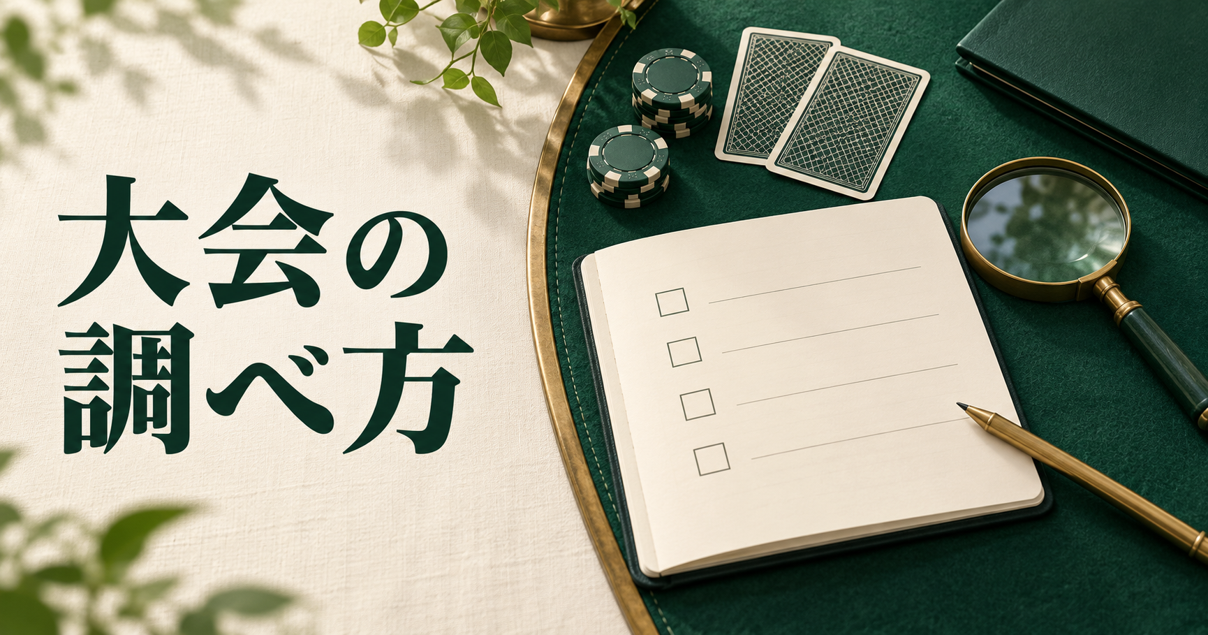 大会の調べ方。空欄のチェックリストと虫眼鏡、裏向きのカードを配した確認作業のイメージ。