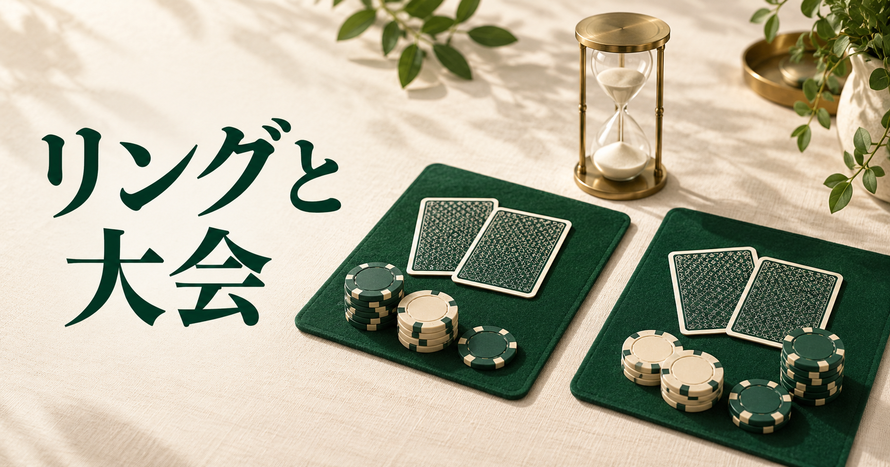 リングと大会。2組の裏向きカードとチップ、砂時計を並べた形式比較のイメージ。
