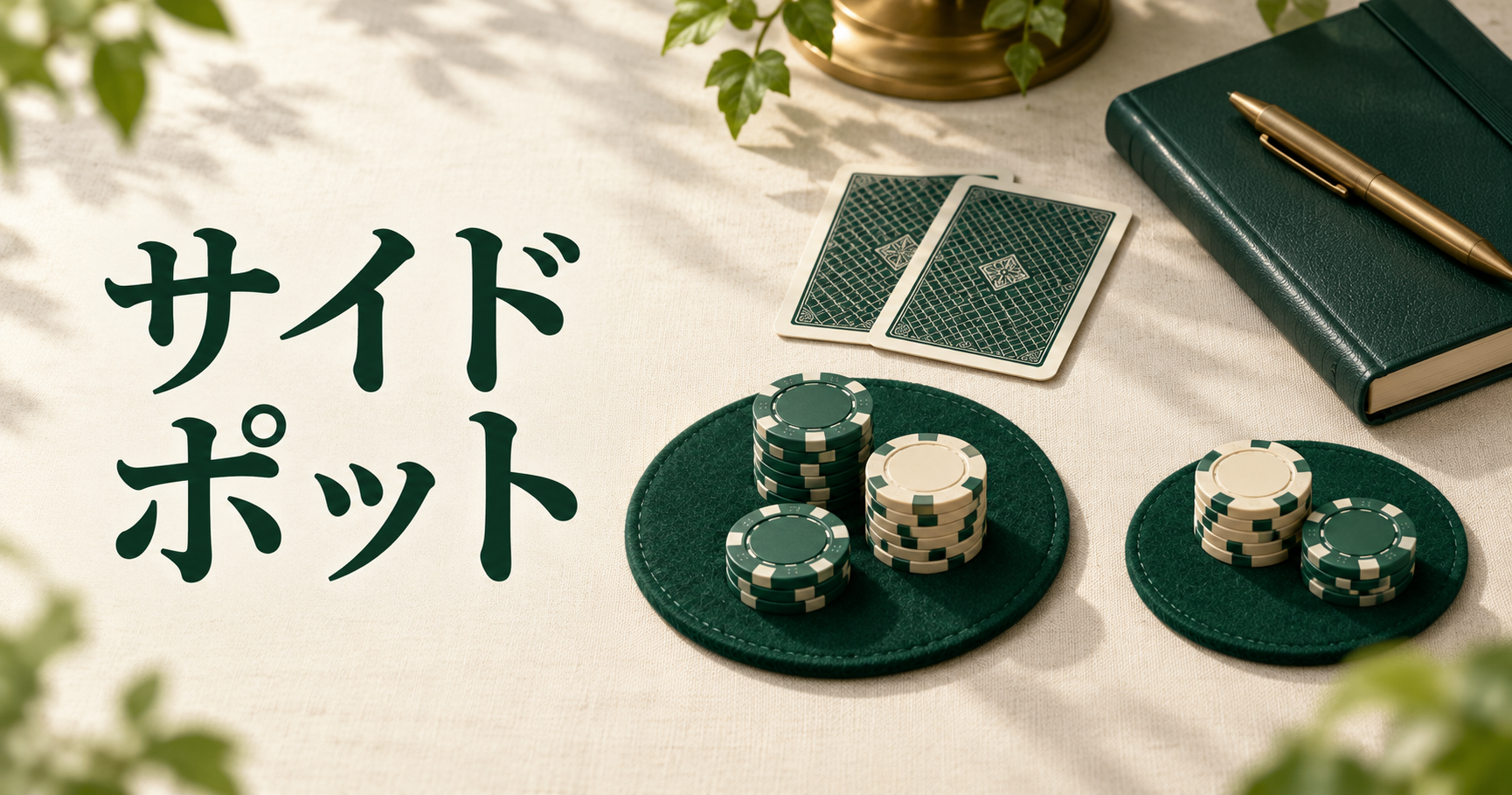 サイドポット。2枚の緑のマットに分けたチップのまとまりと、裏向きのカードのイメージ。