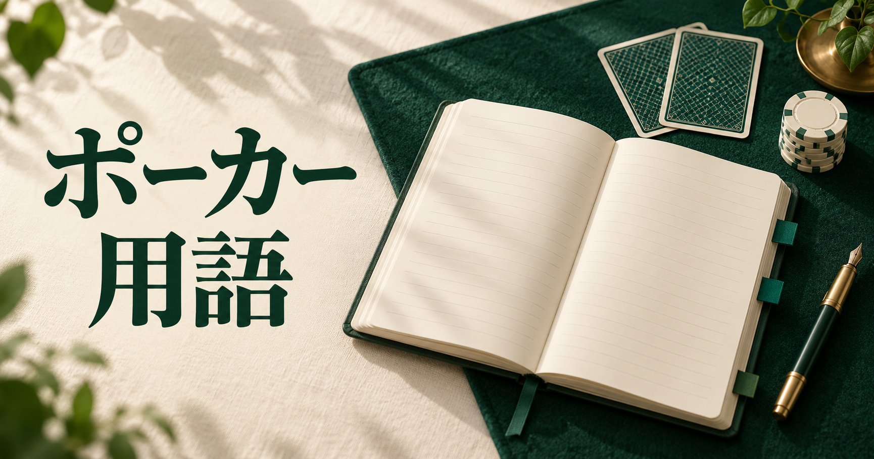 ポーカー用語。開いた学習ノートと裏向きのカードを配した入門記事のイメージ。