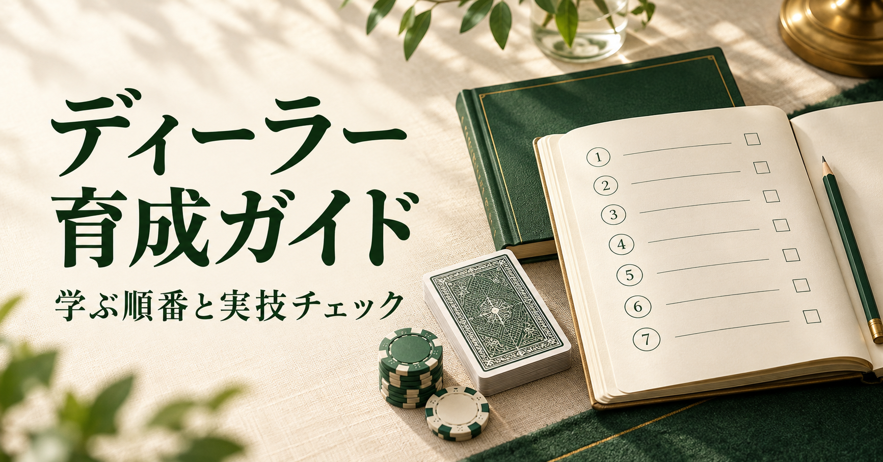 ディーラー育成ガイド。学ぶ順番と実技チェックを示す、チェックリスト・カード・チップのイメージ。