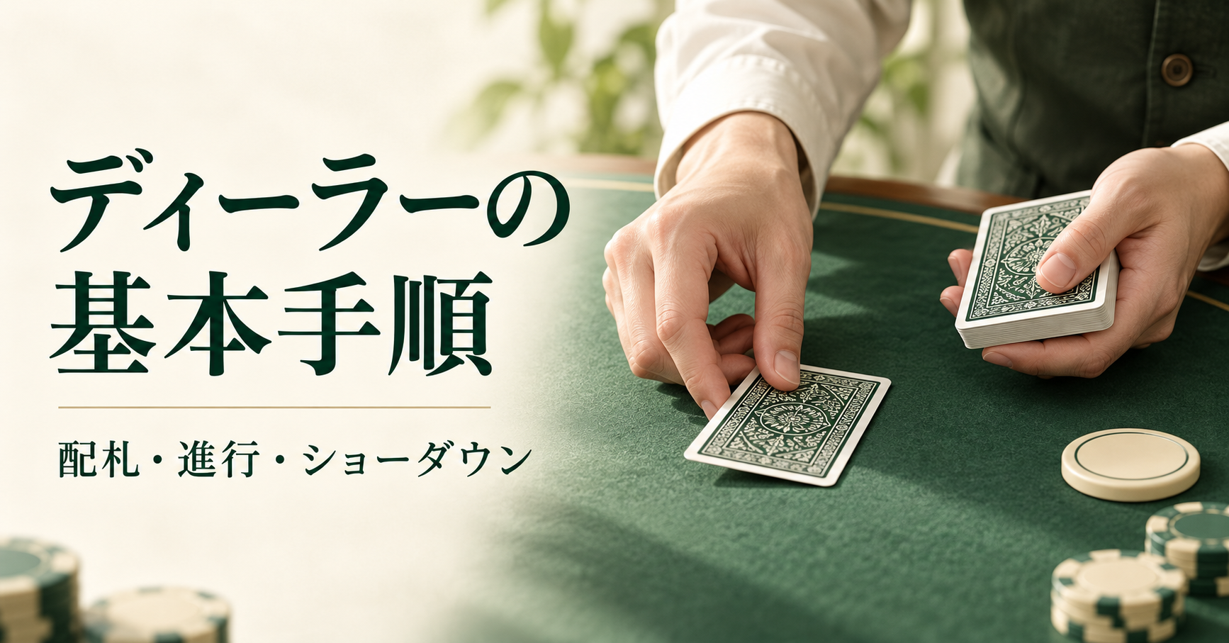 ディーラーの基本手順。配札・進行・ショーダウンを学ぶ、カードを配る手元のイメージ。