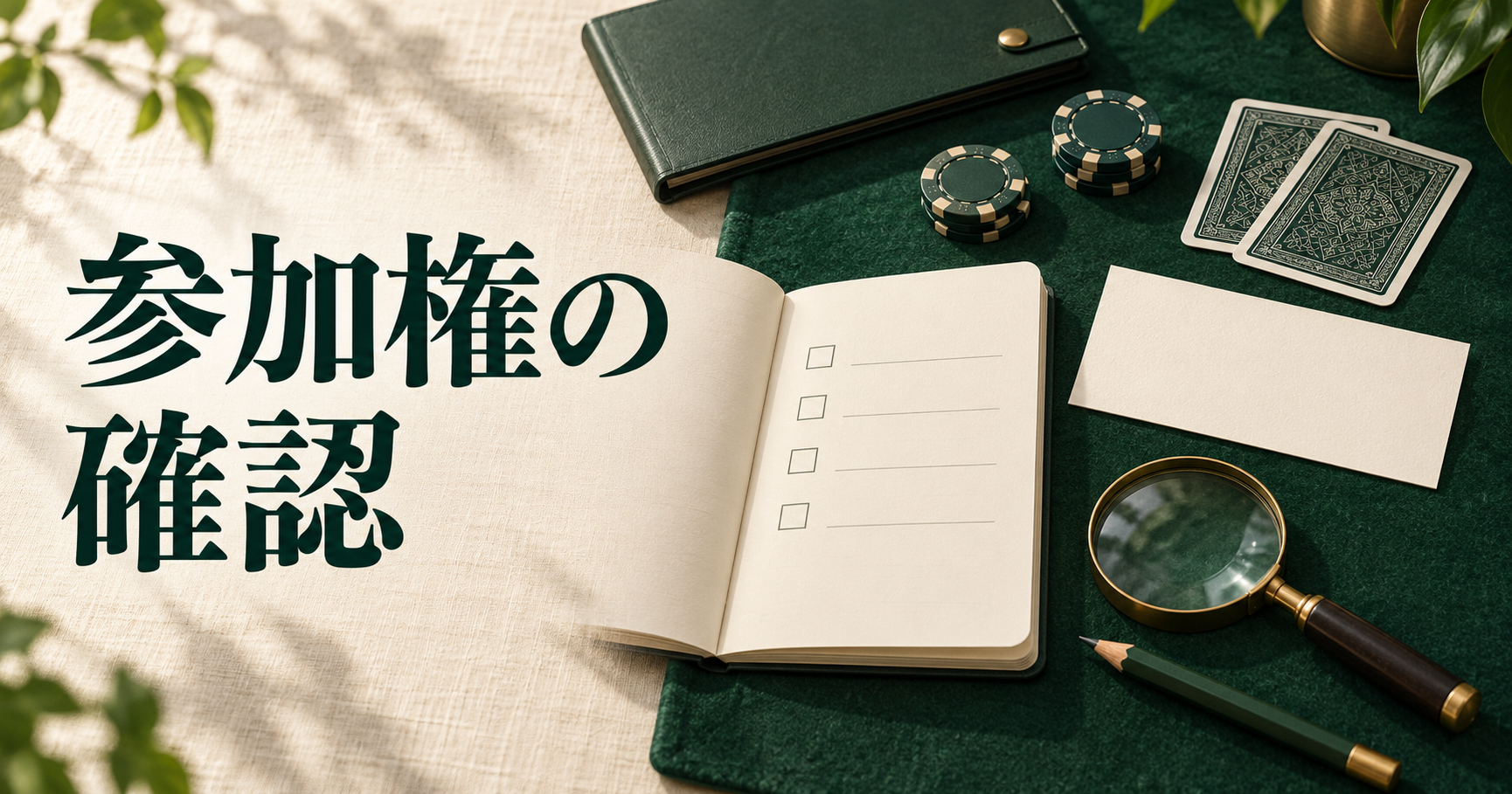 参加権の確認。無記入のカードとチェックリスト、虫眼鏡を配した条件確認のイメージ。