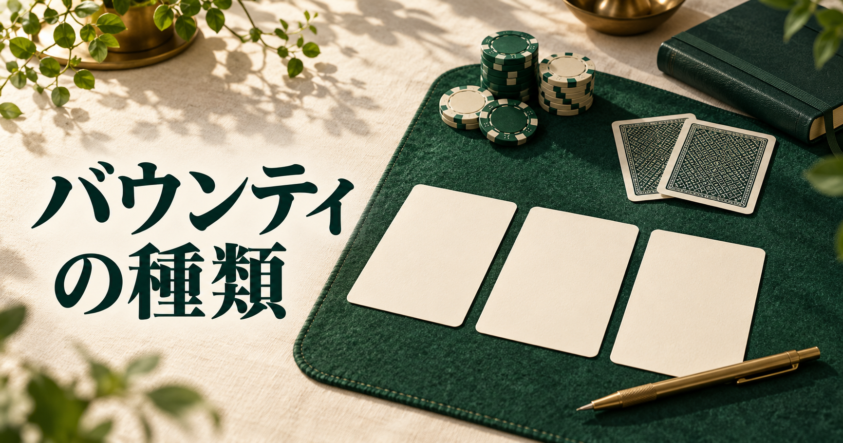 バウンティの種類。3枚の空欄の比較カードと学習用チップを並べたイメージ。