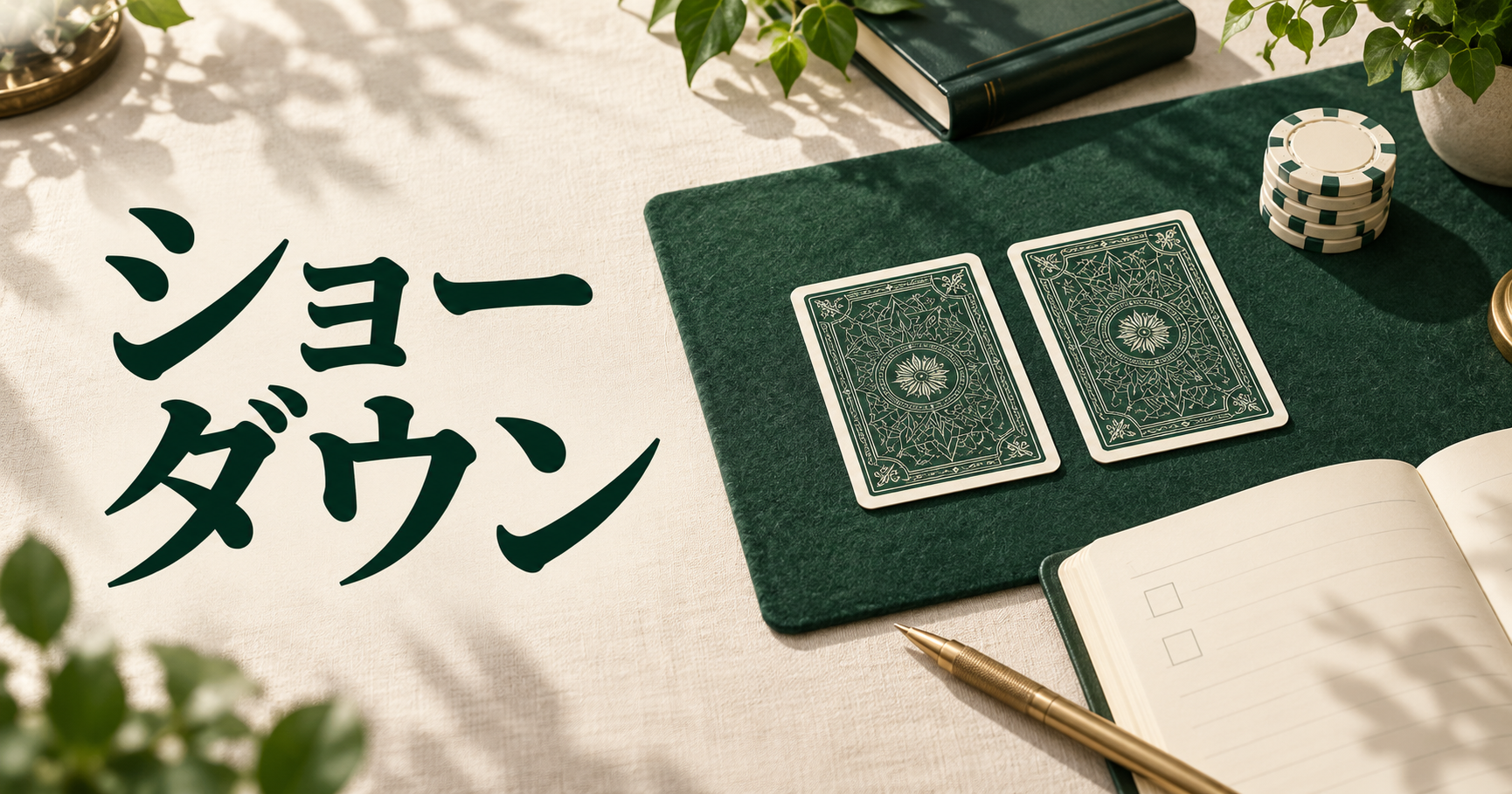 ショーダウン。公開前の裏向きの2枚と確認用ノートを配した、手順を学ぶイメージ。